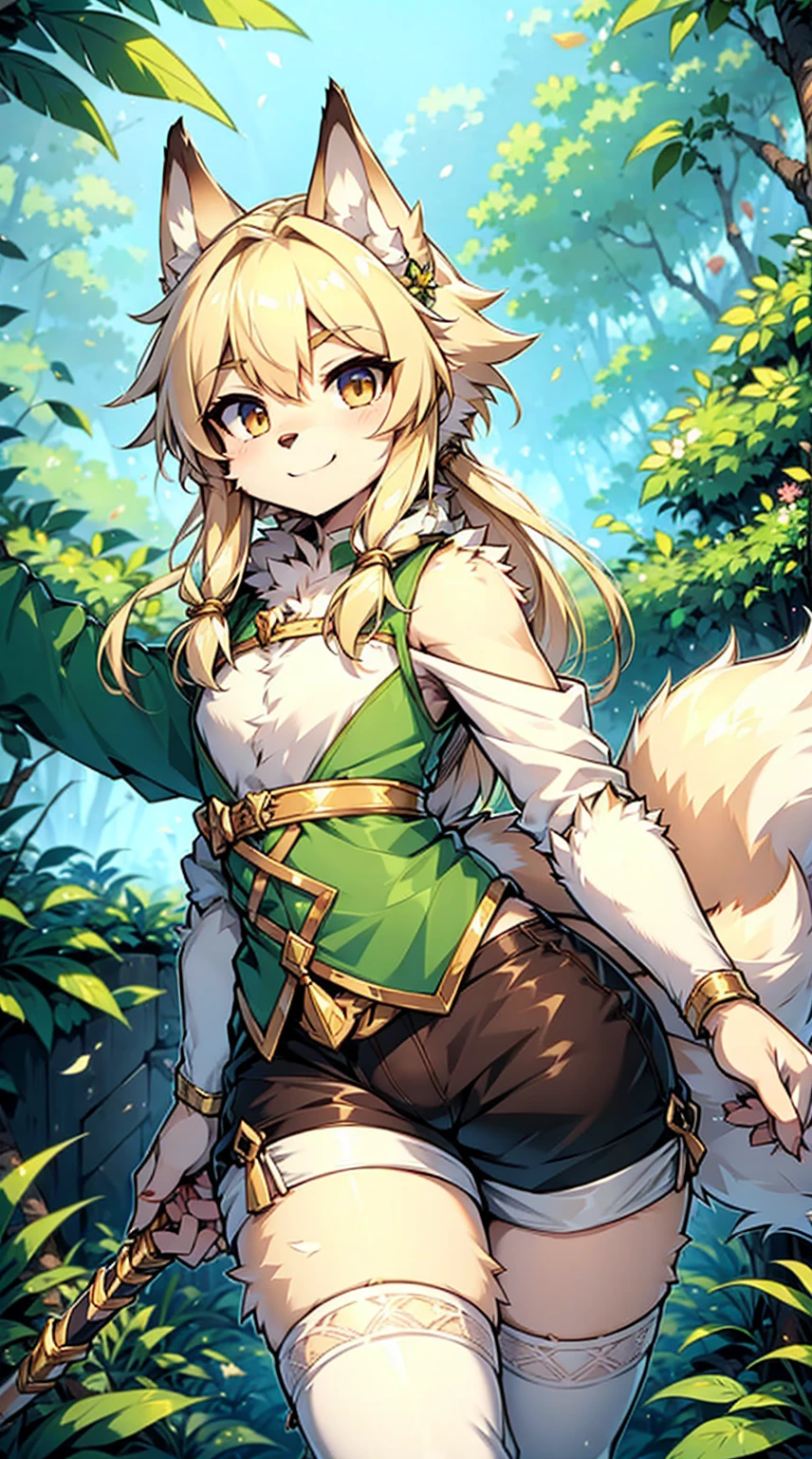 Wolf Boy，Wolf-eared boy，Archer Boy，Smile，cute，Tail，狼Tail，金色Tail，Hunter Junior，furry，furry，hairy，Blonde hair all over，Golden fur，Golden fur，Green Archer Costume，quiver，背着quiver，Long hair，blond，hunter costume，holding a longbow，Holding a bow and arrow，hunter costume，furry，White silk knee socks，White knee socks，White lace over-the-knee socks，Shorts Leather Shorts，Big Ass，Pseudo-sissy ass，femboy，绿色hunter costume，Forest Background，Jungle Background，Outdoor Background，Hip bulge，Ancient interthigh bulge，Bulge between the thighs