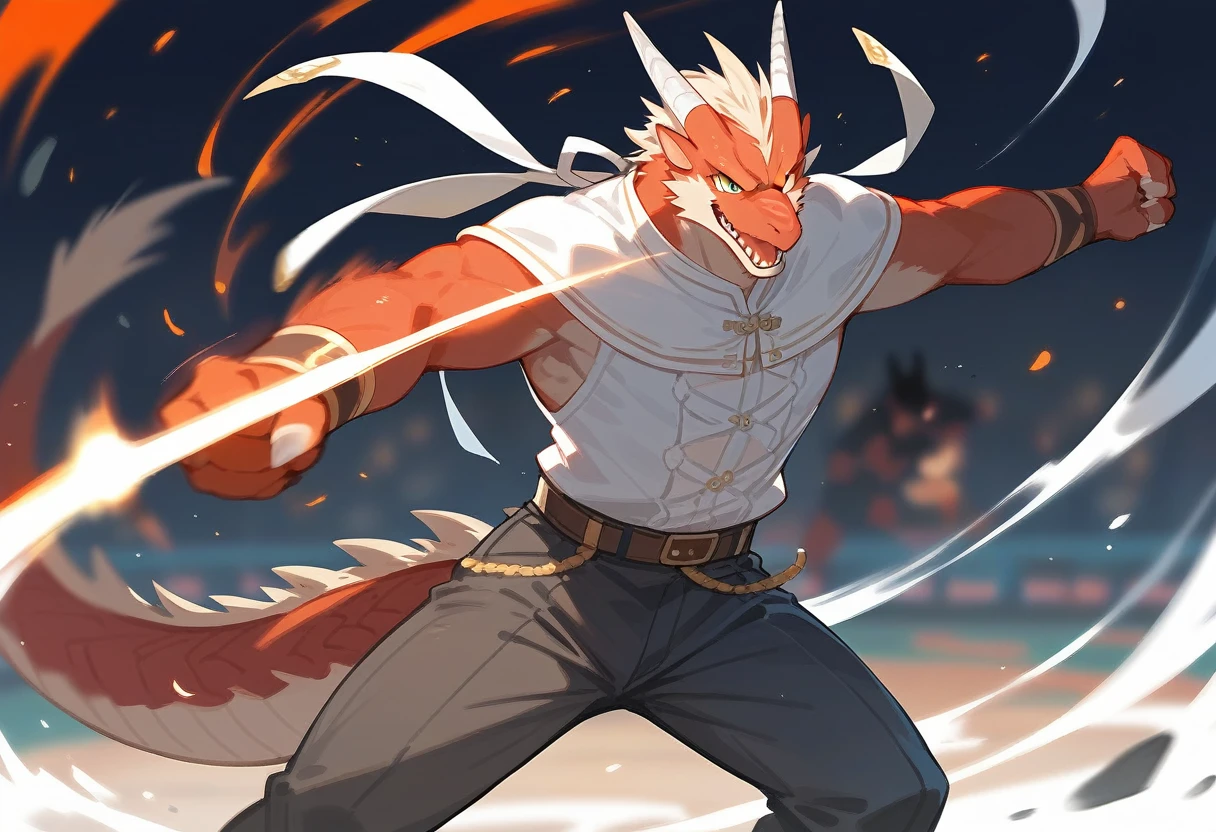 top quality, high-quality illustrations((masterpiece))depth of field, motion blur, absurdres, Perfect Anatomy, magnificent picture of kemono fighting fierce battles, kemono, 1boy, solo focus, Anthro((dramatic))epic, weapon, dynamic pose, One scene of movie,FURRY，dragon
