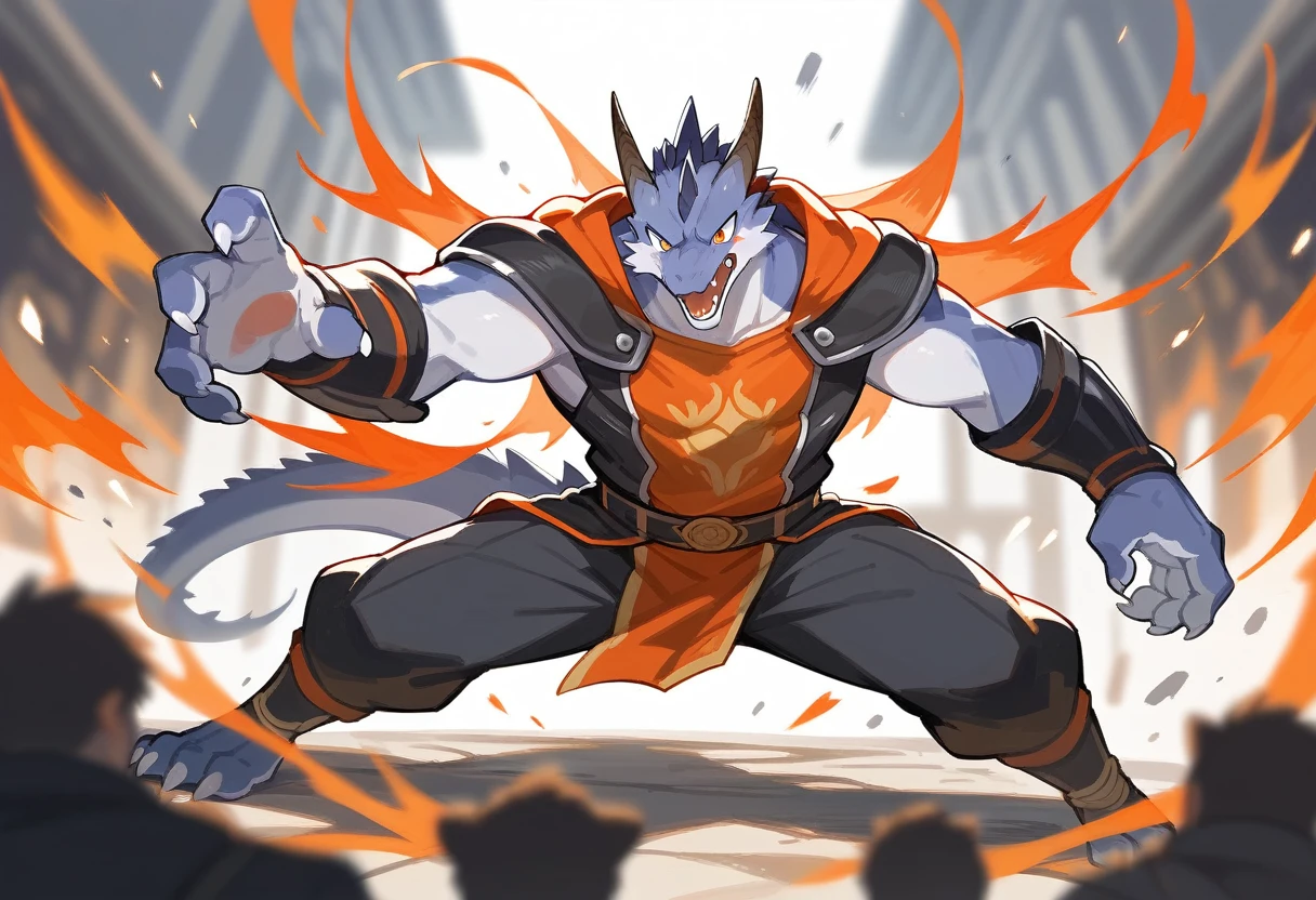 top quality, high-quality illustrations((masterpiece))depth of field, motion blur, absurdres, Perfect Anatomy, magnificent picture of kemono fighting fierce battles, kemono, 1boy, solo focus, Anthro((dramatic))epic, weapon, dynamic pose, One scene of movie,FURRY,dragon
