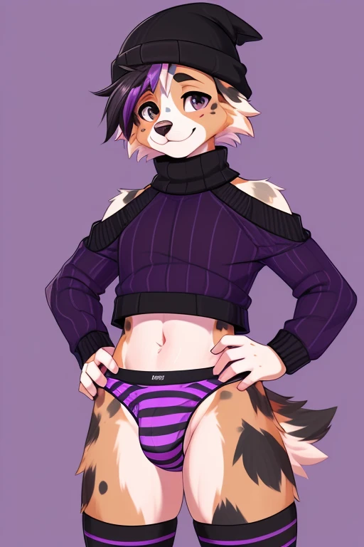 ((SFW)) ((18, cute, furry, Australian Shepherd dog boy femboy wearing purple thin, low panties with a large bulge, black beanie, purple and black striped croptop sweater with tops of shoulders exposed, and black and purple striped thigh-high socks, best quality)) ((right hand inside panties, left hand on hip)) ((exposed hips)) 