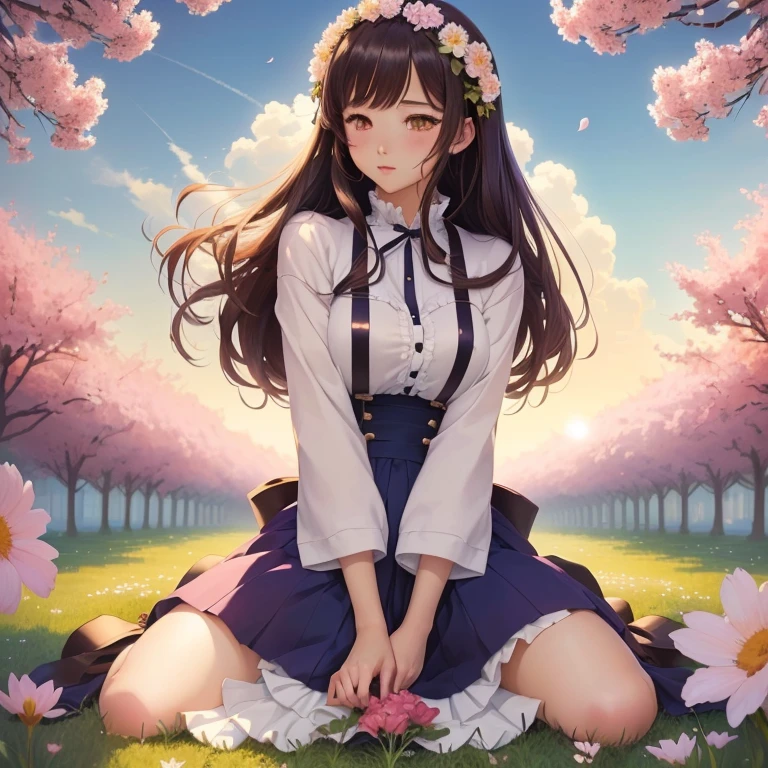 Anime Girls sitting on the ground with flowers in the background, Gwaiz, beautiful Anime Girls, artwork in the style of Gwaiz, Soft anime illustration, Beautiful Anime artwork, Anime Girls, cute Anime Girls, Beautiful Anime, Gwaiz masterpiece, anime art wallpaper 4k, anime art wallpaper 4k, Beautiful Anime art, Anime Style 4k