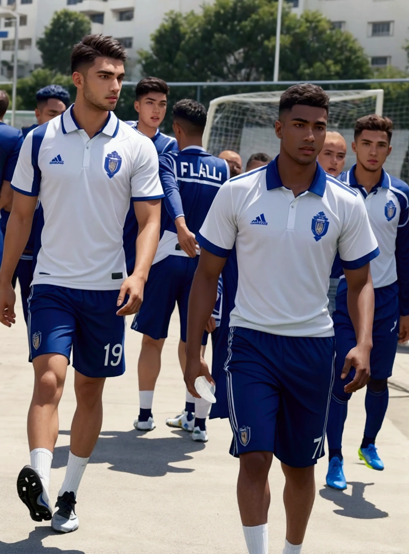 Male players walking towards a soccer cup and their uniform saying cala fc