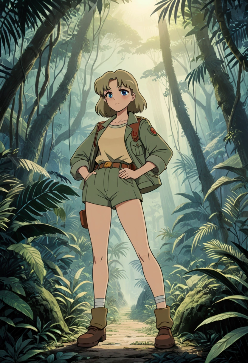 (Jungle Adventurer), 1980s anime, retro fashion, muted pastel colors, cozy atmosphere, detailed facial features, full body, award-winning, cinematic still, emotional, vignette, dynamic, vivid, (masterpiece, best quality, Professional, perfect composition, very aesthetic, absurdres, ultra-detailed, intricate details:1.3)