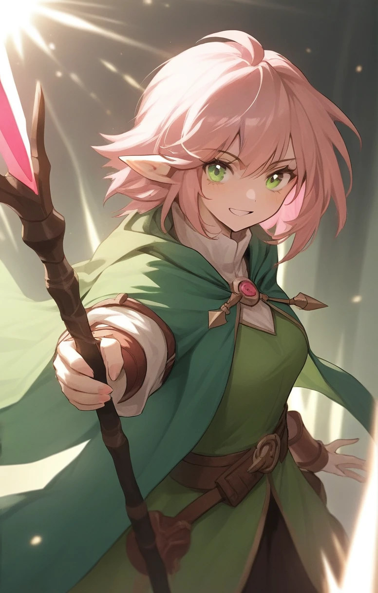 elf, woman, dnd, pink hair, adventurer, green cloak, elegant, wield staff, green eye, sun light, bust shot, flat chest, happy
