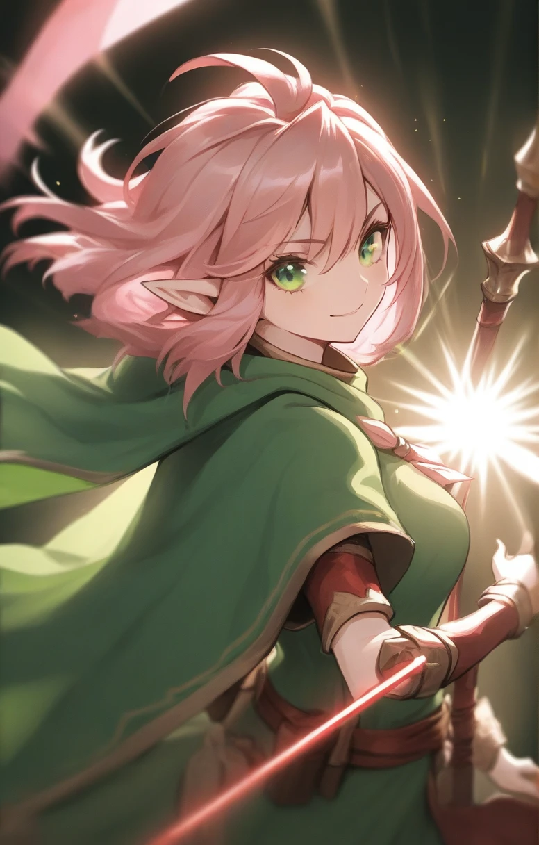 elf, woman, dnd, pink hair, adventurer, green cloak, elegant, wield staff, green eye, sun light, bust shot, flat chest, happy
