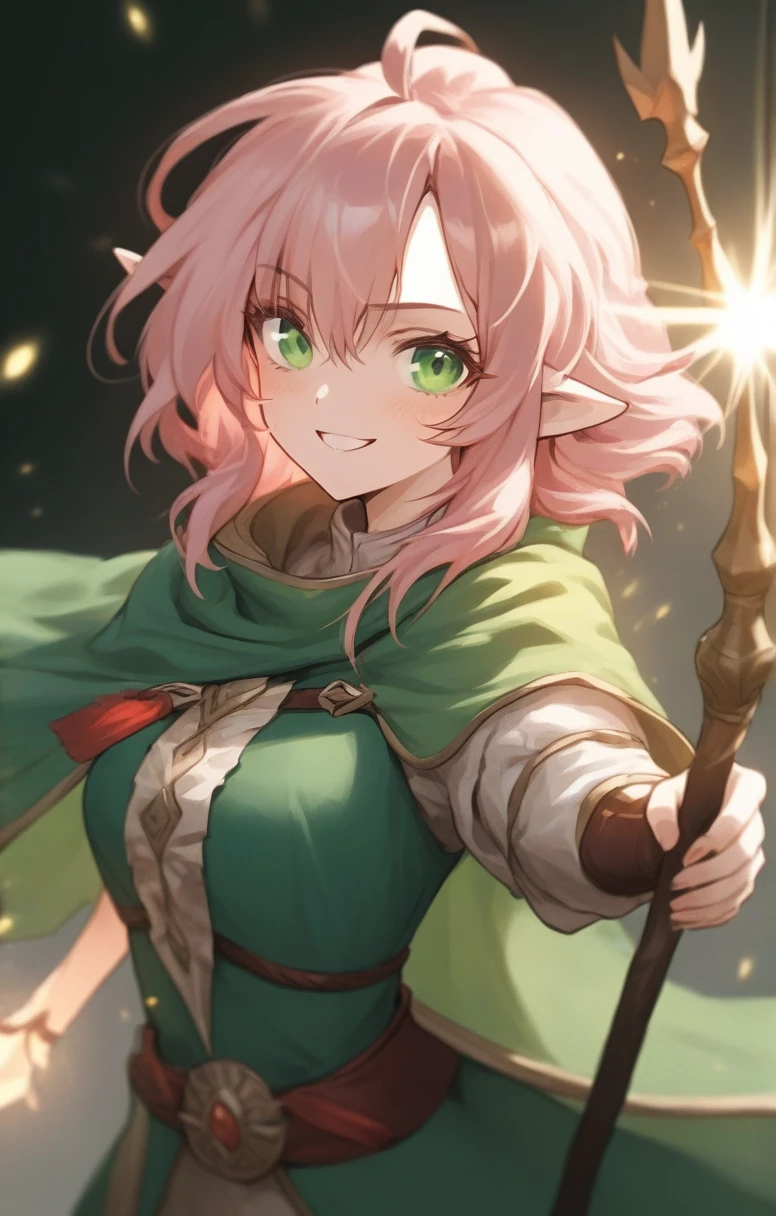 elf, woman, dnd, pink hair, adventurer, green cloak, elegant, wield staff, green eye, sun light, bust shot, flat chest, happy
