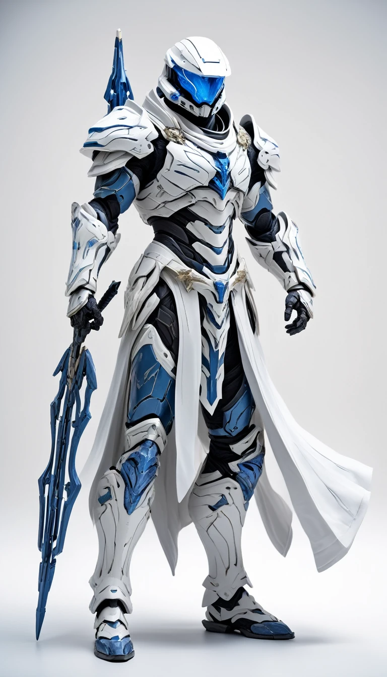 Masterpieces, Holy White Knight, Action style shot, (Battle Priest in a warframe and halo style armor with a long bow), (white blue and silver color scheme), (white hood and cape), (action shot: drawing bow), (quiver on back), white and blue tabard (solid color background), centered, full body shot, (dynamic action stance pose), sci-fi knight, Halo master chief, vibrant colors, visible figure joints, cinematic shot, volumetric lighting, intricate pattern detail, highly detailed