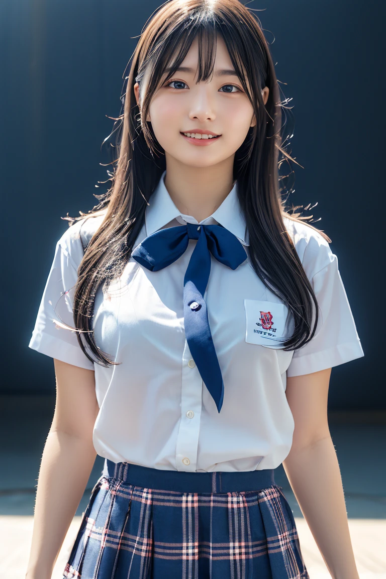 ((school uniform)),ribbon at neck,(school uniform and ((Plaid navy skirt)) and white shirt:1.1), Skin color, big , smile, (8k, RAW Photos, Highest quality, masterpiece:1.2), masterpiece, super detailed, super high quality, (Realistic and Realistic photography:1. 37), High-resolution RAW color photos, Very delicate and beautiful, highly detailed, 8k壁紙, wonderful, detailed, Very eye, very detailed, very detailed skin, very thin fingers, very detailed nose, very detailed mouth, Perfect Anatomy, Upper Body, studio, Soft lighting, A full-body shot of a cute idol wearing a one-piece swimsuit, Playful pose, Hands on hips, smile, Pastel Background, Realistic, Attention to detail, studio photography