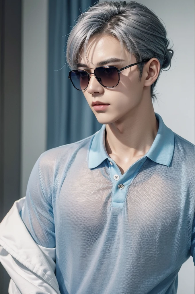 Hair up to the neck、male、Blue lens sunglasses、Silver mesh hair color、Polo shirt、(Mambang Hair)、Hair tied back