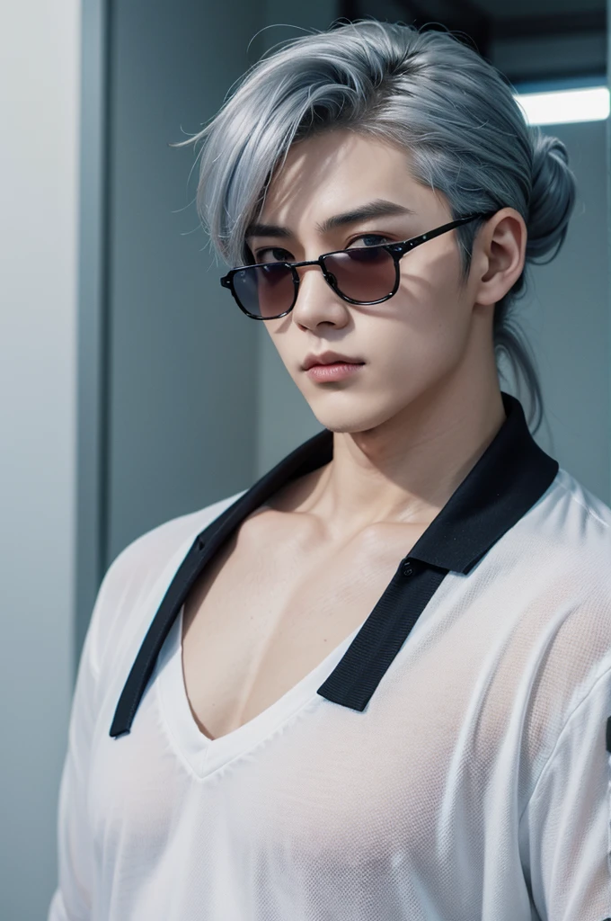 Hair up to the neck、male、Blue lens sunglasses、Silver mesh hair color、Polo shirt、(Mambang Hair)、Hair tied back