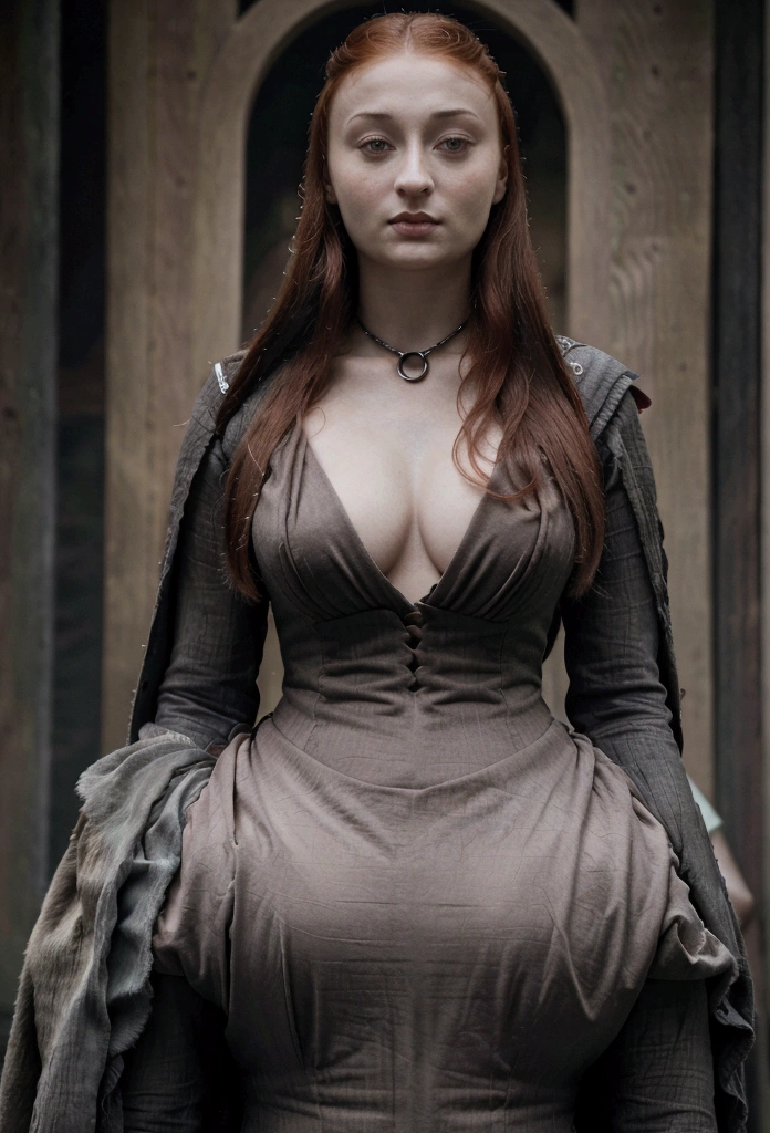Face of Sophie Turner, Sansa Stark played by Sophie Turner, the de facto Lady of the Eyrie, is a 40-year-old mature queen with a stunning, alluring appearance. Full Face, pierced eyes, reddish lips, upper body shot, erotic Mediaeval costumes, game of thrones costumes, She wears a Game of Thrones-inspired costume and has a deep cleavage, a perfect thick body, and a perfect thick figure. The photograph captures her in a close-up, with her skin texture and facial features being ultra-realistic and realistic. highly detailed armpit hairs,
