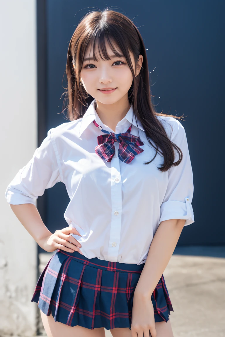 ((school uniform)),ribbon at neck,(school uniform and ((Plaid navy skirt)) and white shirt:1.1), Skin color, big , smile, (8k, RAW Photos, Highest quality, masterpiece:1.2), masterpiece, super detailed, super high quality, (Realistic and Realistic photography:1. 37), High-resolution RAW color photos, Very delicate and beautiful, highly detailed, 8k壁紙, wonderful, detailed, Very eye, very detailed, very detailed skin, very thin fingers, very detailed nose, very detailed mouth, Perfect Anatomy, Upper Body, studio, Soft lighting, A full-body shot of a cute idol wearing a one-piece swimsuit, Playful pose, Hands on hips, smile, Pastel Background, Realistic, Attention to detail, studio photography