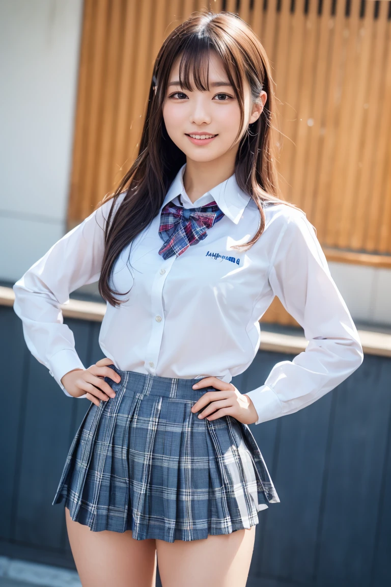 ((school uniform)),ribbon at neck,(school uniform and ((Plaid navy skirt)) and white shirt:1.1), Skin color, big , smile, (8k, RAW Photos, Highest quality, masterpiece:1.2), masterpiece, super detailed, super high quality, (Realistic and Realistic photography:1. 37), High-resolution RAW color photos, Very delicate and beautiful, highly detailed, 8k壁紙, wonderful, detailed, Very eye, very detailed, very detailed skin, very thin fingers, very detailed nose, very detailed mouth, Perfect Anatomy, Upper Body, studio, Soft lighting, A full-body shot of a cute idol wearing a one-piece swimsuit, Playful pose, Hands on hips, smile, Pastel Background, Realistic, Attention to detail, studio photography