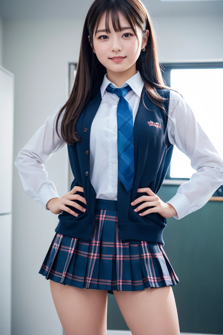 ((school uniform)),ribbon at neck,(school uniform and ((Plaid navy skirt)) and white shirt:1.1), Skin color, big , smile, (8k, RAW Photos, Highest quality, masterpiece:1.2), masterpiece, super detailed, super high quality, (Realistic and Realistic photography:1. 37), High-resolution RAW color photos, Very delicate and beautiful, highly detailed, 8k壁紙, wonderful, detailed, Very eye, very detailed, very detailed skin, very thin fingers, very detailed nose, very detailed mouth, Perfect Anatomy, Upper Body, studio, Soft lighting, A full-body shot of a cute idol wearing a one-piece swimsuit, Playful pose, Hands on hips, smile, Pastel Background, Realistic, Attention to detail, studio photography