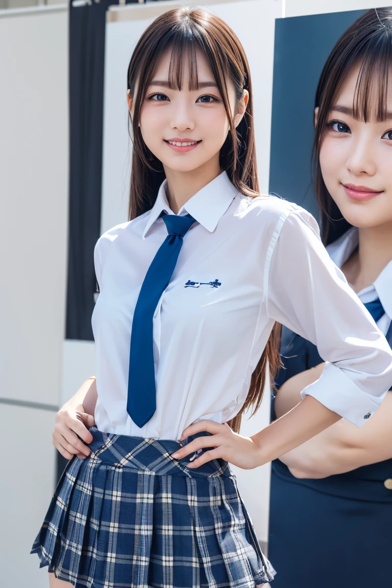 ((school uniform)),ribbon at neck,(school uniform and ((Plaid navy skirt)) and white shirt:1.1), Skin color, big , smile, (8k, RAW Photos, Highest quality, masterpiece:1.2), masterpiece, super detailed, super high quality, (Realistic and Realistic photography:1. 37), High-resolution RAW color photos, Very delicate and beautiful, highly detailed, 8k壁紙, wonderful, detailed, Very eye, very detailed, very detailed skin, very thin fingers, very detailed nose, very detailed mouth, Perfect Anatomy, Upper Body, studio, Soft lighting, A full-body shot of a cute idol wearing a one-piece swimsuit, Playful pose, Hands on hips, smile, Pastel Background, Realistic, Attention to detail, studio photography