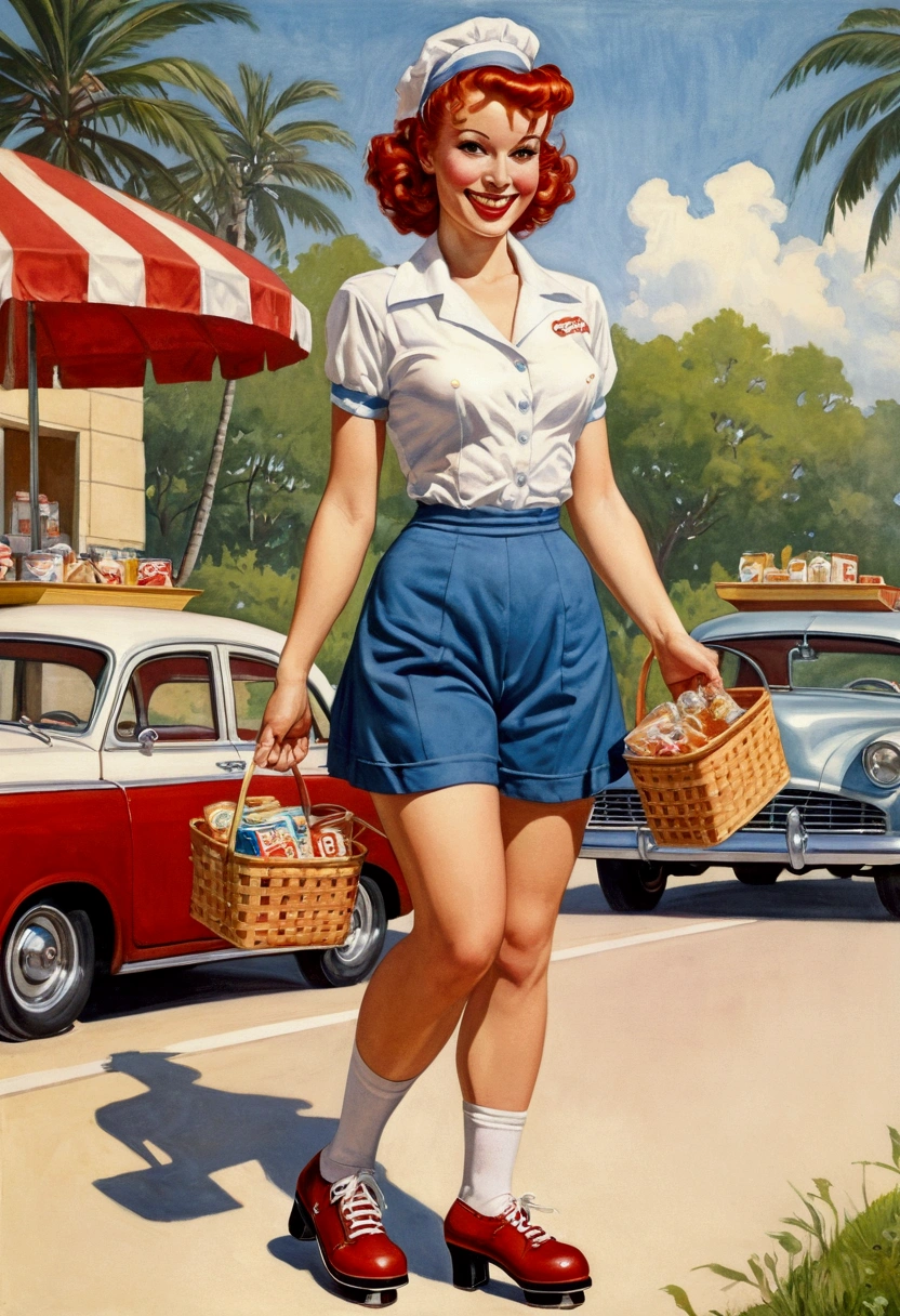 50s waitress, redheadwear, pinup, cinched waist , shorts, rollerskates, carrying tray with snacks, smiling, milo manara style