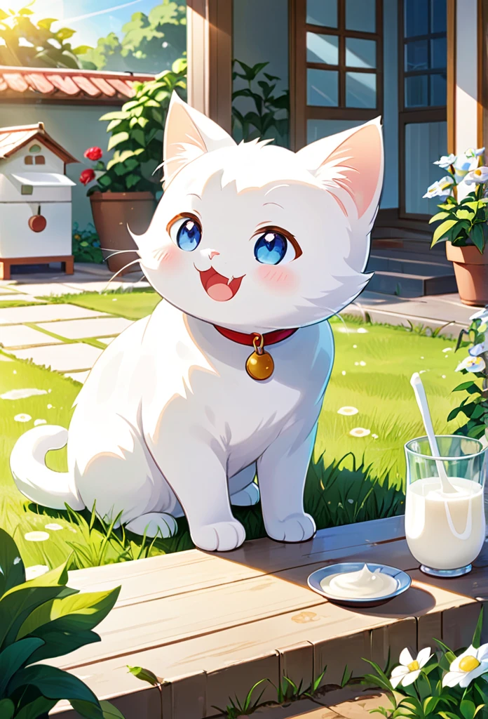 White cat Milk has recovered from an illness.、A scene that brought back energy。Milk is active in the house and garden.、Enjoying a new adventure。Under the clear sunlight、Milk playing happily、Please draw the expressions on her family&#39;s faces as they rejoice at her recovery.。