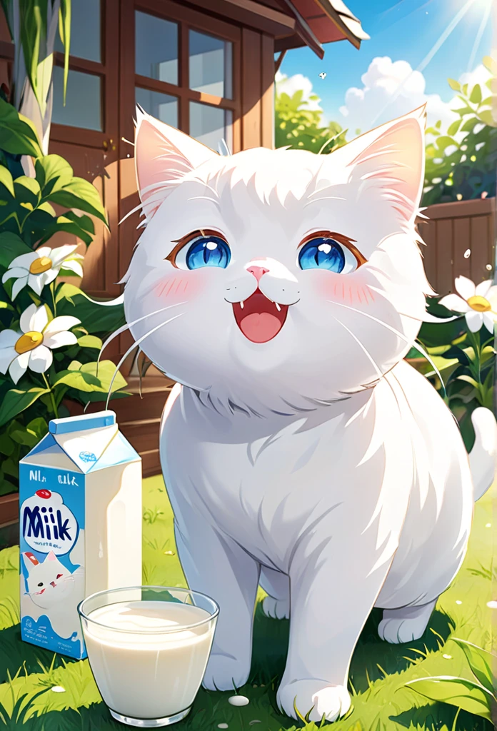 White cat Milk has recovered from an illness.、A scene that brought back energy。Milk is active in the house and garden.、Enjoying a new adventure。Under the clear sunlight、Milk playing happily、Please draw the expressions on her family&#39;s faces as they rejoice at her recovery.。