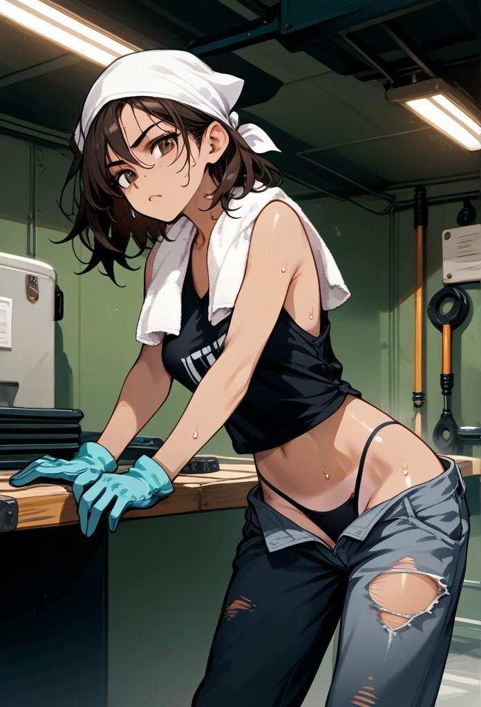 masterpiece, best quality, mature woman, messy hair, black hair, brunette gradient hair color, hot face, (tomboy face), tan skin, mature body, fit body, medium breasts, mechanic gloves, (dirty tank top), stained tank top, midriff, white bandana, mechanic pants, loose pants, workshop, (sweaty), bending over, towel around neck, black thong lines, ripped pants, spreading legs