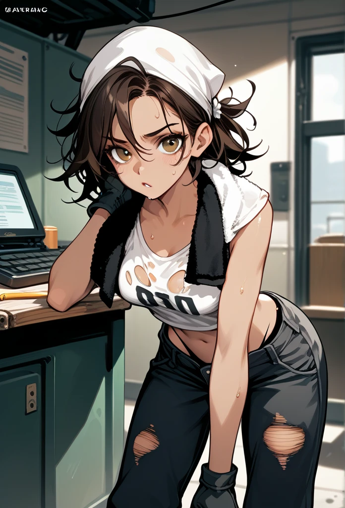 masterpiece, best quality, mature woman, messy hair, black hair, brunette gradient hair color, hot face, (tomboy face), tan skin, mature body, fit body, medium breasts, mechanic gloves, (dirty tank top), stained tank top, midriff, white bandana, mechanic pants, loose pants, workshop, (sweaty), bending over, towel around neck, black thong lines, ripped pants, spreading legs