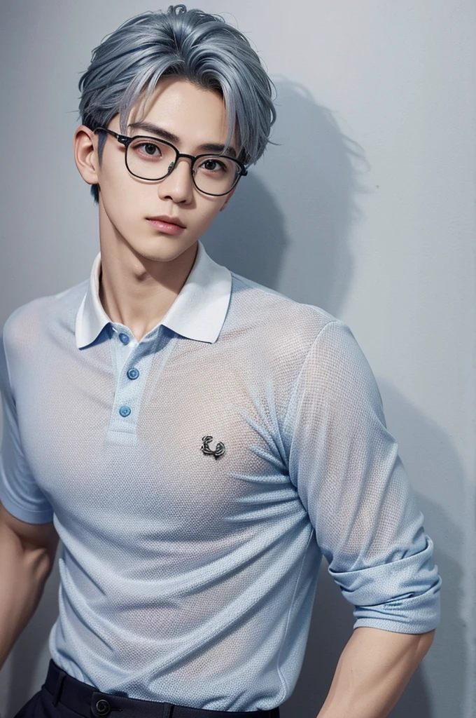 Hair up to the neck、male、Blue lens glasses、Silver mesh hair color、Polo shirt、((Mambang Hair))