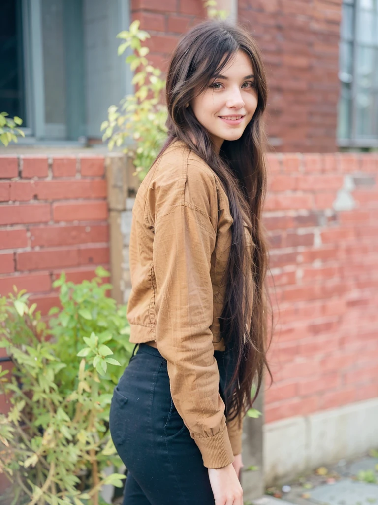 A young woman with long, dark hair smiles as she poses outdoors. She wears a brown corduroy jacket and fitted black pants. The background features red brick walls and lush green plants, creating a casual, vibrant atmosphere.