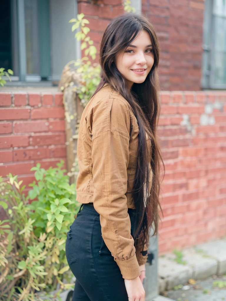 A young woman with long, dark hair smiles as she poses outdoors. She wears a brown corduroy jacket and fitted black pants. The background features red brick walls and lush green plants, creating a casual, vibrant atmosphere.