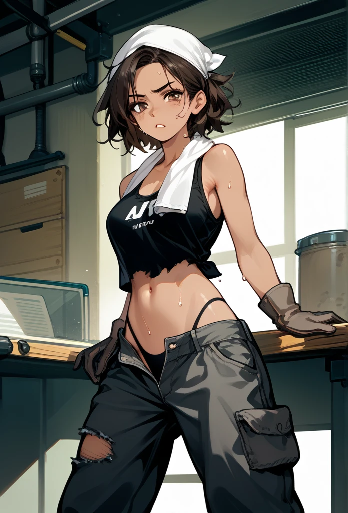 masterpiece, best quality, mature woman, messy hair, black hair, brunette gradient hair color, hot face, (tomboy face), tan skin, mature body, fit body, medium breasts, mechanic gloves, (dirty tank top), stained tank top, midriff, white bandana, mechanic pants, loose pants, workshop, (sweaty), bending over, towel around neck, black thong lines, ripped pants, spreading legs
