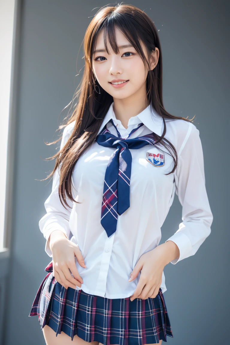 ((school uniform)),ribbon at neck,(school uniform and ((Plaid navy skirt)) and white shirt:1.1), Skin color, big , smile, (8k, RAW Photos, Highest quality, masterpiece:1.2), masterpiece, super detailed, super high quality, (Realistic and Realistic photography:1. 37), High-resolution RAW color photos, Very delicate and beautiful, highly detailed, 8k壁紙, wonderful, detailed, Very eye, very detailed, very detailed skin, very thin fingers, very detailed nose, very detailed mouth, Perfect Anatomy, Upper Body, studio, Soft lighting, A full-body shot of a cute idol wearing a one-piece swimsuit, Playful pose, Hands on hips, smile, Pastel Background, Realistic, Attention to detail, studio photography