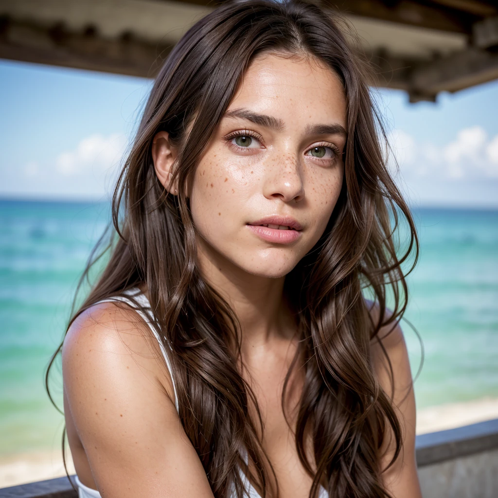 ((best quality, Exceptional quality)), ((better skin texture, premium quality material)), (portrait du haut du corps, Point de vue), Beautiful brunette with green eyes, freckle on face, long wavy hair, ultra realistic face, 0 defaut, 4K, portrait de face, photo de face