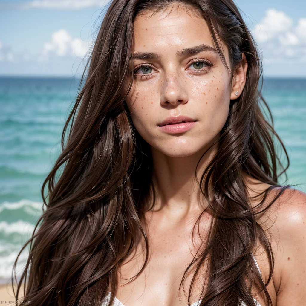 ((best quality, Exceptional quality)), ((better skin texture, premium quality material)), (portrait du haut du corps, Point de vue), Beautiful brunette with green eyes, freckle on face, long wavy hair, ultra realistic face, 0 defaut, 4K, portrait de face, photo de face
