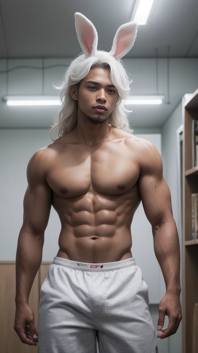 black skinned man with white wavy hair with rabbit ear head accessory a visibly fit athletic body shirtless with black underwear , anime styling , Masterpiece artwork