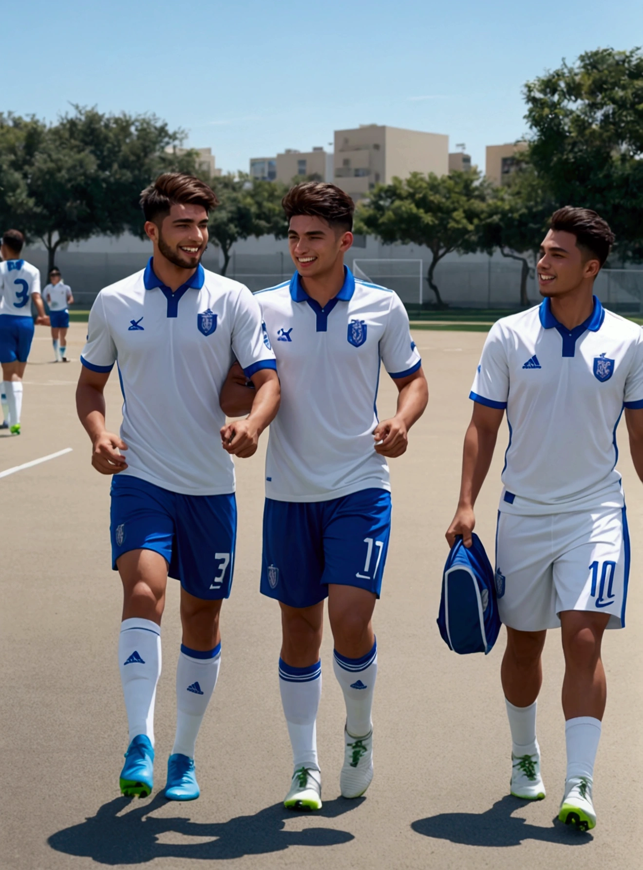 Male players walking forward towards a soccer cup and their uniform saying CALA FC
