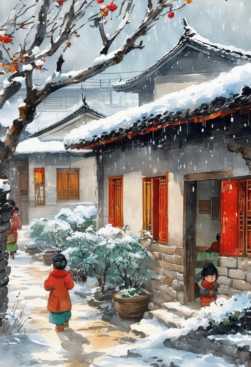 Ink Painting：China 70s，winter，heavy snow，Village courtyard，Warm home，patio，Icicles on the eaves，Tree，Dirt paths，Happy little ones