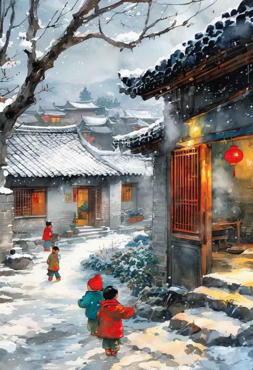 Ink Painting:China 70s,winter,heavy snow,Village courtyard,Warm home,patio,Icicles on the eaves,Tree,Dirt paths,Happy little ones