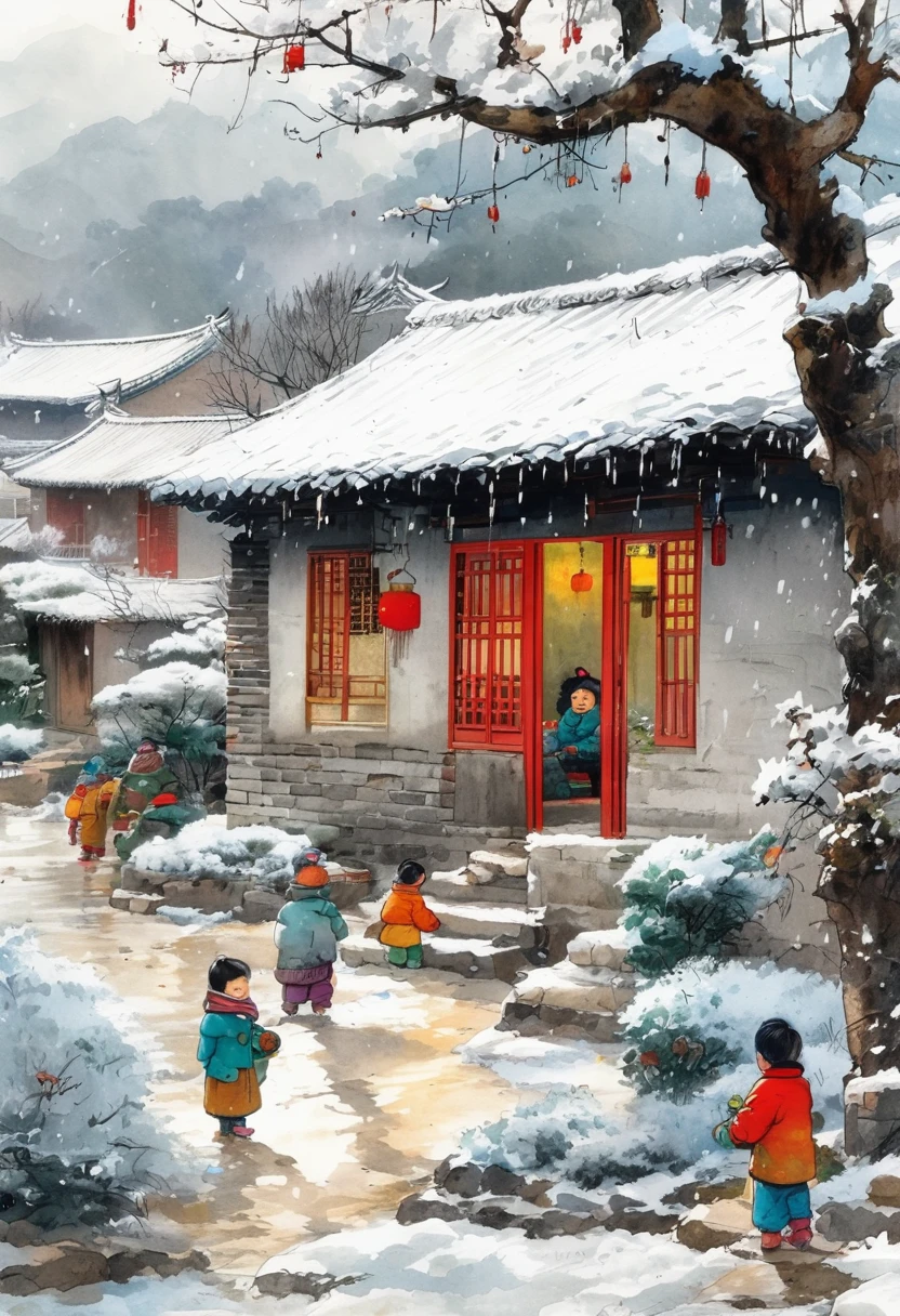 Ink Painting:China 70s,winter,heavy snow,Village courtyard,Warm home,patio,Icicles on the eaves,Tree,Dirt paths,Happy little ones