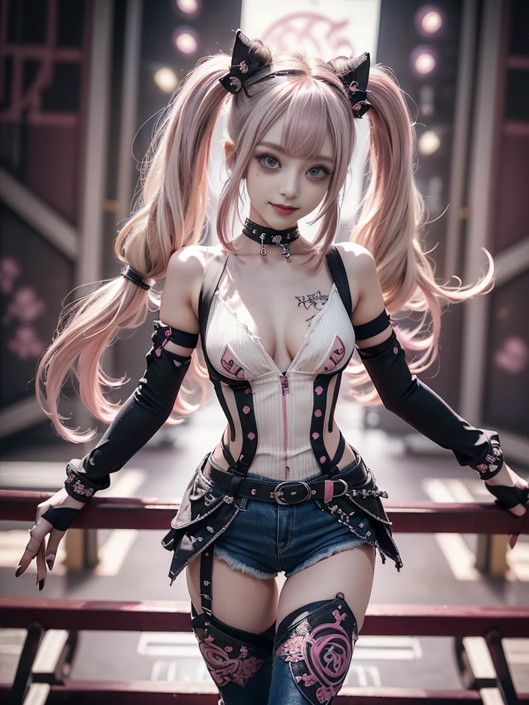 (Full Body View:1.2)、(Side view:1.1)、(Smiling with teeth showing:1.3),(Shibuya Gal:1.5)、(Gothic ta style fashion:1.5)、(Punk RockVisual Kei:1.5)、(Wearing a rhythmic gymnastics bodysuit with intricate details:1.4)、(Racing suit and pants with intricate decorations in magenta, denim and wine red:1.5)、(Red, brown and white boots:1.3)、((belt))、(Numerous delicate logo marks all over the costume:1.4)、(collar:1.3)、(Striped underwear:1.5)、30 years old、NSFW、((Highest quality、In 8K、masterpiece:1.3))、Sharp focus:1.2、(Layered Cut、Huge boobs:1.1),Beautiful woman with perfect figure:1.4、(Dancing vigorously:1.3)、Slender Abs:1.2、Highly detailed face and skin texture、Detailed eyes、double eyelid,(Twin tails:1.3)、(Pink and cream hair:1.3)、Gravure idol、(The background is the stage of the fashion show:1.3)、(Slim Body:1.3),(Make your legs thinner:1.4),(clavicle:1.1)、(Thin and slim thighs:1.3)