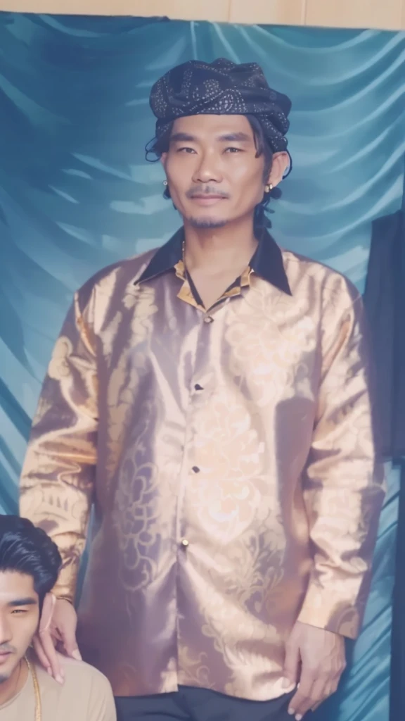 portrait of a man wearing a golden batik shirt, black trousers and a black skullcap with a small 