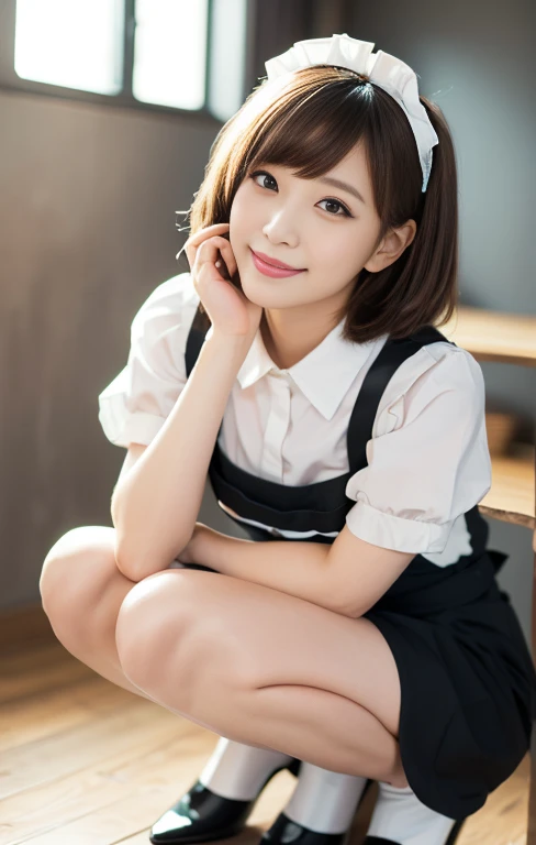 (A cute bunny girl with a light pink maid outfit, working at a maid cafe, best smile, full body shot, gray background, wearing black high heels, short wavy brown hair, squatting pose, (best quality,4k,8k,highres,masterpiece:1.2),ultra-detailed,(realistic,photorealistic,photo-realistic:1.37),detailed facial features,beautiful detailed eyes,beautiful detailed lips,extremely detailed face,longeyelashes,maid uniform,maid cafe interior,studio lighting,vivid colors,warm lighting)