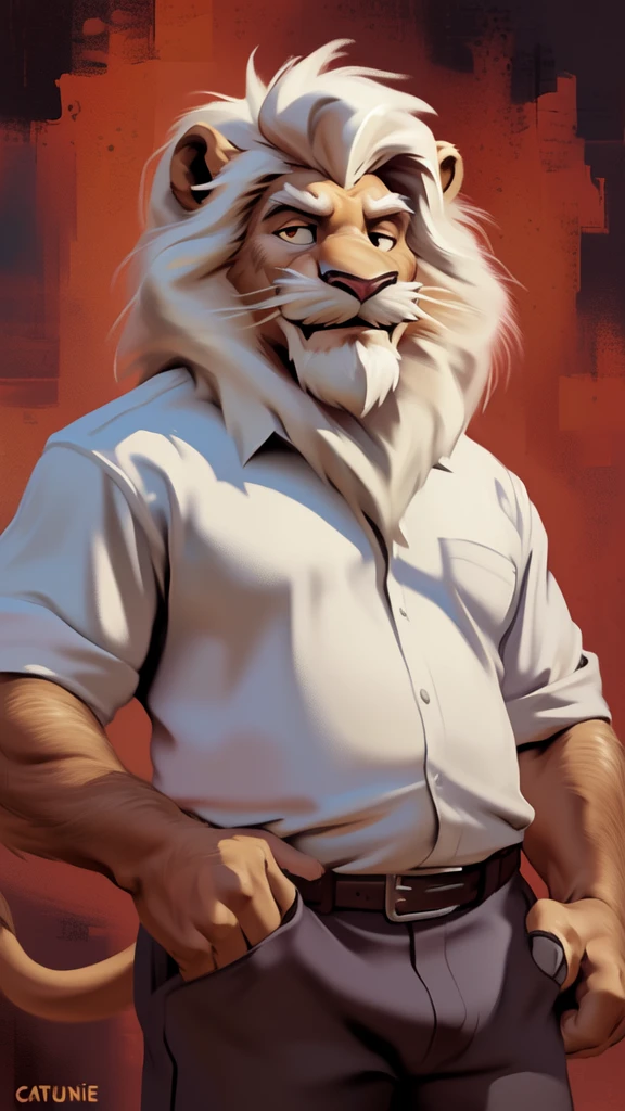 by chunie by catsudon by retros, male,ridiculuous,((mature,mature male)),((Bearded,mustache)), felid, solo, ((Lion,tail)),(white hair), facial hair, facing viewer, ((Highly detailed face)), (((Grandpa Figure))), ((smilling)), red and orange abstract background, ((white shirt)),((short pants)), smile, ((((wise)))),