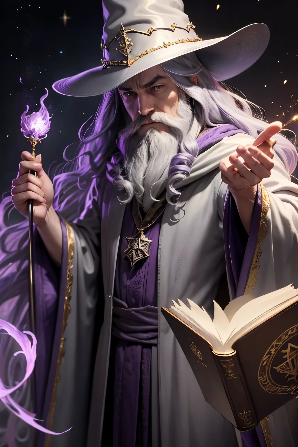 albus dumbledore, the book character Harry Potter, wearing a gray robe with purple details and gold sparkles, longa barba, and long hair, with wizard hat matching robe, deep down a powerful phoenix
