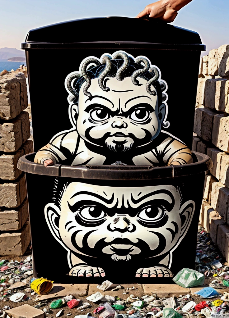 Medusa turning men into stone, ((garbage pail kids style)), in Greece, no text, wide angle, cartoon, high quality, watercolor, detailed, full body
