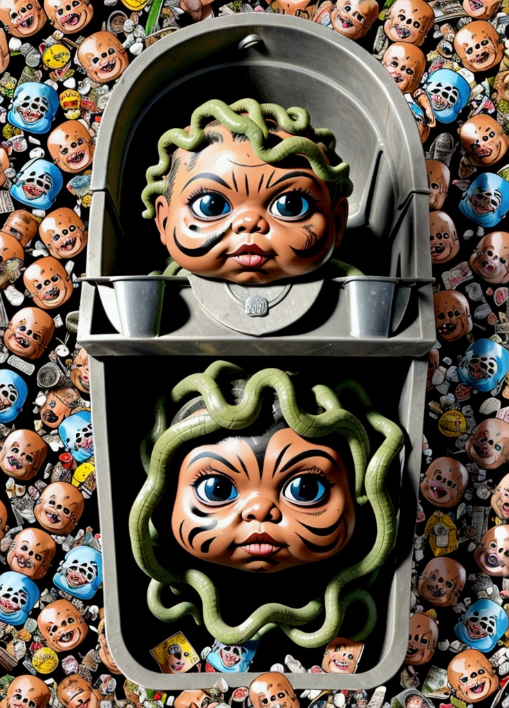 Medusa turning men into stone, ((garbage pail kids style)), in Greece, no text, wide angle, cartoon, high quality, watercolor, detailed, full body