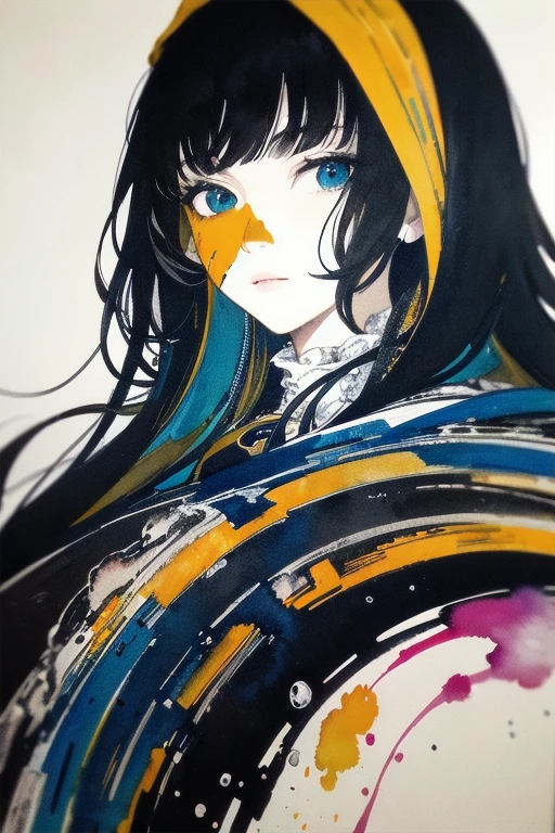 (Depth composition) (portrait of a woman with yellow headscarf), Inspired by Egon Schiele, Inspired by Cecily Brown, inspired by Dorothea Tanning, Inspired by Mikhail Vrubel, Inspired by Marczewski, Inspired by Pavel Filonov, Inspired by Paul Signac, Abstract figurative art, Inspired by William George Gillies.(Ink on Japanese paper, which tends to bleed easily)(contemporary art like a picture book) (transparent watercolor) (light itself expressed as real) (layers of soft, rich colors) (shades of paint dissolved thinly with water) (deep, delicate colors)