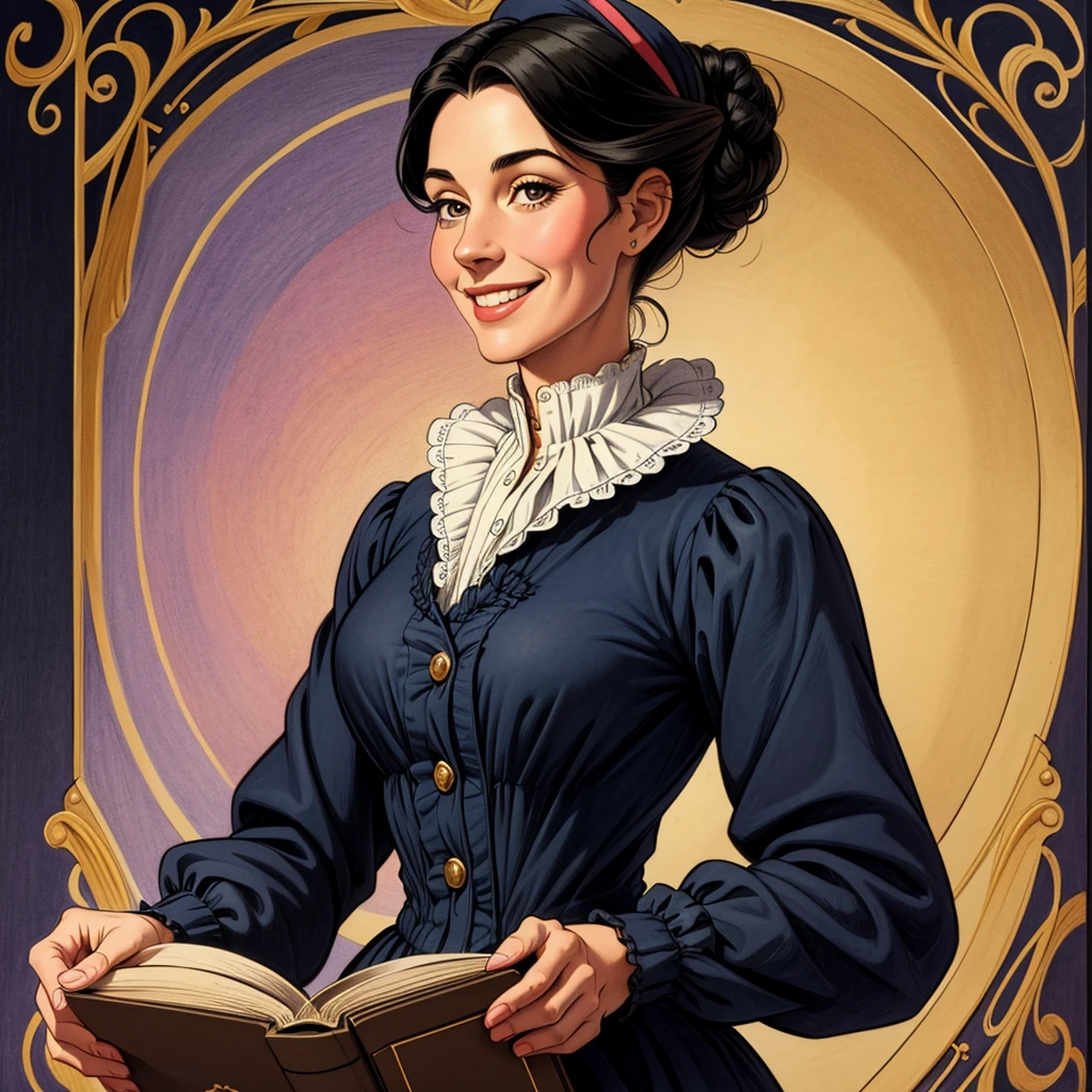 A colored pencil drawing of a pretty smiling happy victorian governess, curly black hair. Kind and inteligent, joyful energy. hair in bun, hat. book of poetry in hand.