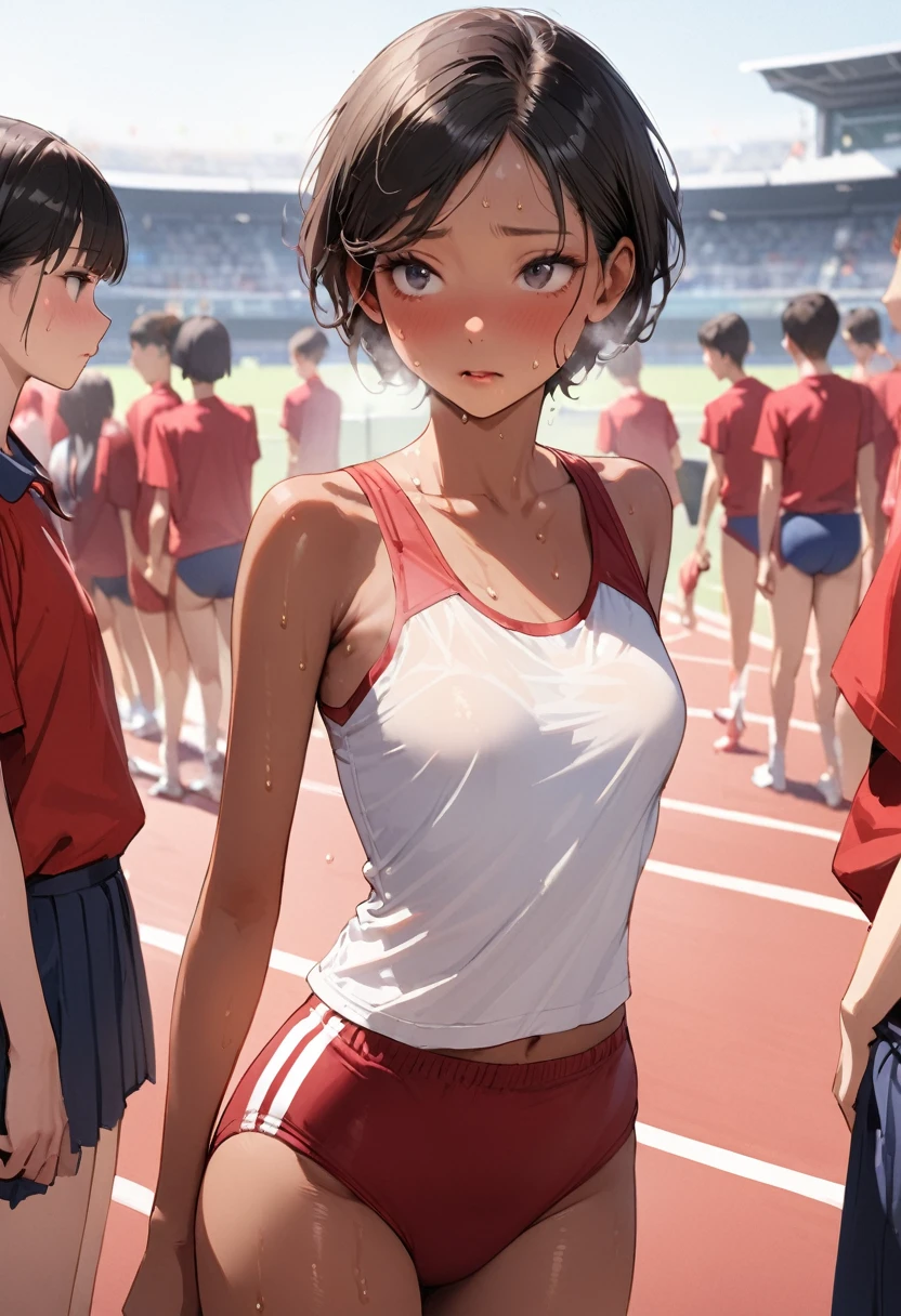 ((masterpiece,Highest quality:1.3,best quality illustration)),((realistic:1.2)),cowboy shot,独奏,1woman,18 year old beauty、black hair,short bob hair,(center parted bangs),black eyes,(gorgeous big eyes),((very small head:1.4)),Heavy breathing,((slender body:1.2,skinny)),(tan skin:1.4),small breasts,(White tank top、school gym red buruma),gleaming skin,oily skin,slender body,sweat,Endure the urge to urinate、standing,Athletics Stadium、In the shade、Tokyo、