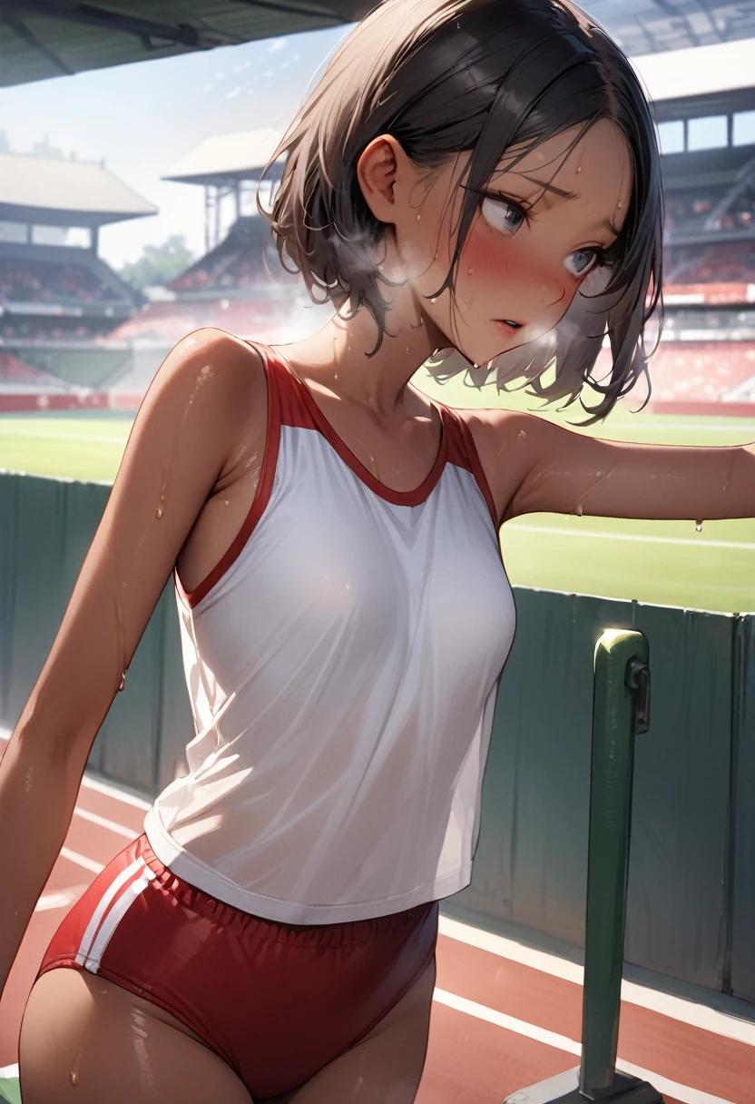 ((masterpiece,Highest quality:1.3,best quality illustration)),((realistic:1.2)),cowboy shot,独奏,1woman,18 year old beauty、black hair,short bob hair,(center parted bangs),black eyes,(gorgeous big eyes),((very small head:1.4)),Heavy breathing,((slender body:1.2,skinny)),(tan skin:1.4),small breasts,(White tank top、school gym red buruma),gleaming skin,oily skin,slender body,sweat,Endure the urge to urinate、standing,Athletics Stadium、In the shade、Tokyo、