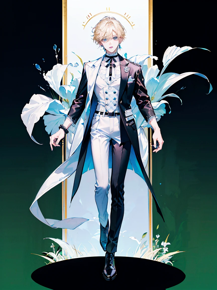 **((full body: 2)), ((UHD, masterpiece, super detail, best quality, highres, 8k)), (detailed line art), perfect face, perfect body, perfect hands, perfect feet.**
**Humans, around 20 years old, (2 males: 2.0), male idols, (simple background, magazine cover style: 1.5).**
**Features of the first person :Gentle atmosphere, standing on the right, (bright blonde hair), (parallel eyebrows, light blue eyes, droopy eyes, thin lips), (white top, collarbone-revealing shirt, puffed sleeves shirt, white ribbon decorations:1.5, white frill decorations:1.5, white corset, high-waisted white pants, white belt, white leather shoes), (white ribbon choker), (angelic atmosphere), (looking forward).**
**Features of the second person : Cool atmosphere, standing on the left, (black hair), (parallel eyebrows, light blue eyes, slanted eyes, thin lips), (black top, high-neck top, tight-fitting top, black jacket, short-length jacket, black belt decorations:1.5, black pants, black belt, black leather shoes), (black earrings, black bracelet), (devilish atmosphere), (looking forward).**