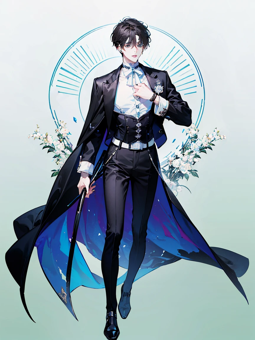 **((full body: 2)), ((UHD, masterpiece, super detail, best quality, highres, 8k)), (detailed line art), perfect face, perfect body, perfect hands, perfect feet.**
**Humans, around 20 years old, (2 males: 2.0), male idols, (simple background, magazine cover style: 1.5).**
**Features of the first person :Gentle atmosphere, standing on the right, (bright blonde hair), (parallel eyebrows, light blue eyes, droopy eyes, thin lips), (white top, collarbone-revealing shirt, puffed sleeves shirt, white ribbon decorations:1.5, white frill decorations:1.5, white corset, high-waisted white pants, white belt, white leather shoes), (white ribbon choker), (angelic atmosphere), (looking forward).**
**Features of the second person : Cool atmosphere, standing on the left, (black hair), (parallel eyebrows, light blue eyes, slanted eyes, thin lips), (black top, high-neck top, tight-fitting top, black jacket, short-length jacket, black belt decorations:1.5, black pants, black belt, black leather shoes), (black earrings, black bracelet), (devilish atmosphere), (looking forward).**