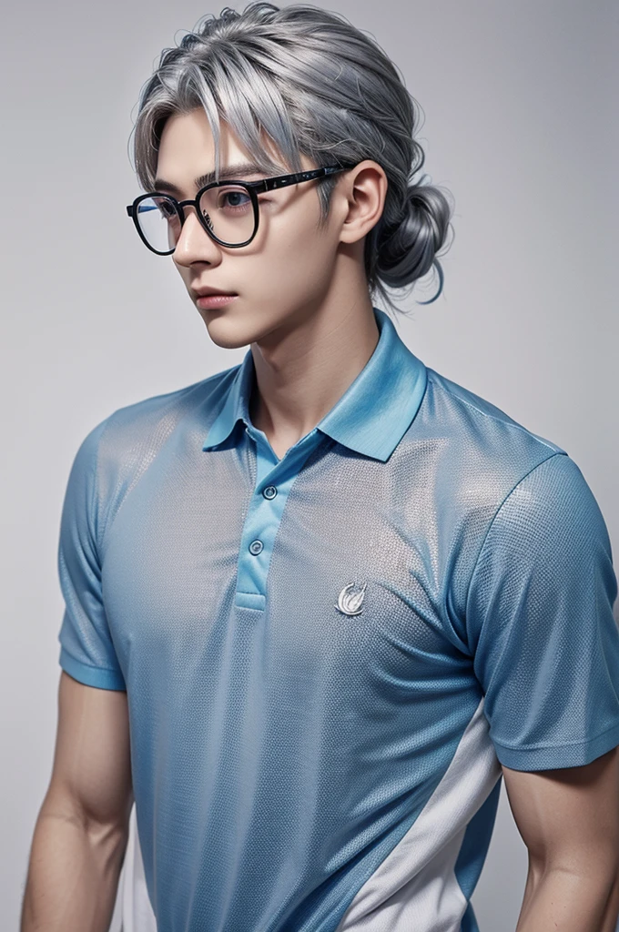 Hair up to the neck、male、Blue lens glasses、Silver mesh hair color、Polo shirt、((Mambang Hair))、Hair tied back、Two-block cut